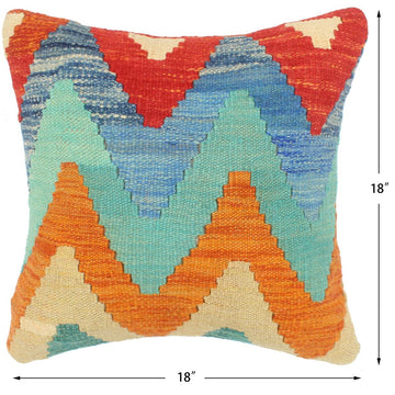 handmade Modern Pillow Rust Blue Hand-Woven SQUARE 100% WOOL  Hand woven turkish pillow  2 x 2